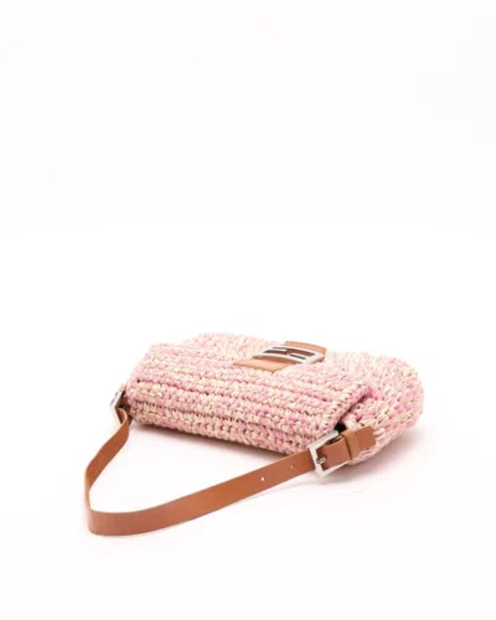Fendi Pink Crochet Raffia Baguette Silver Hardware Leather Trim Authentic - Picture 4 of 10